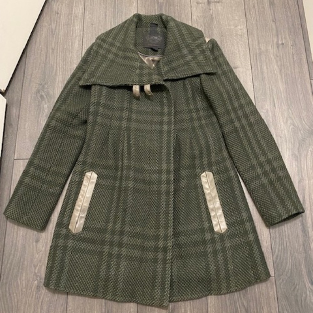 Mackage Dark Grey Green Plaid Wool Blend Leather Accent Coat Jacket Size M